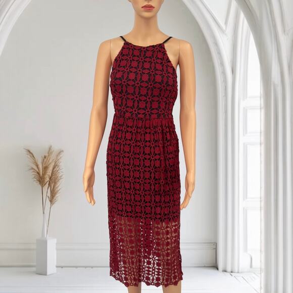 NWOT Aqua Red Crochet Lace High Neck Sleeveless Midi Dress Size S - Picture 2 of 9
